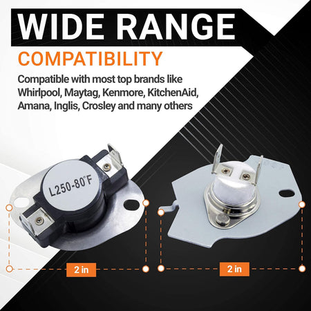 Infographic showing 279816 dryer thermal cut-off kit components with 2-inch measurement labels and brand compatibility.