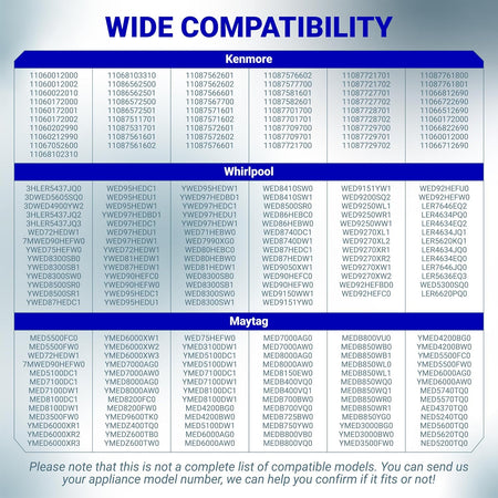 279816 Dryer Thermal Cut-off Kit compatibility chart listing Kenmore, Whirlpool, and Maytag dryer models
