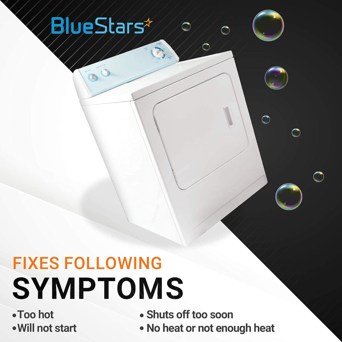 Graphic showing a dryer and symptoms fixed by the 279816 thermal cut-off kit for Whirlpool, Kenmore, and Maytag dryers.