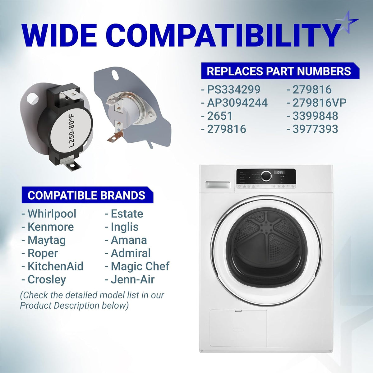 279816 Dryer Thermal Cut-off Kit compatibility graphic showing replacement numbers, compatible brands, and a dryer
