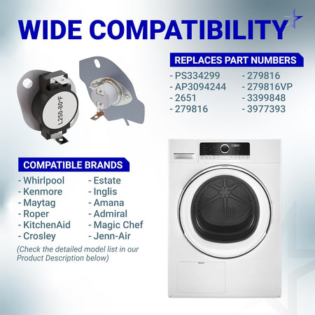 279816 Dryer Thermal Cut-off Kit compatibility graphic showing replacement numbers, compatible brands, and a dryer