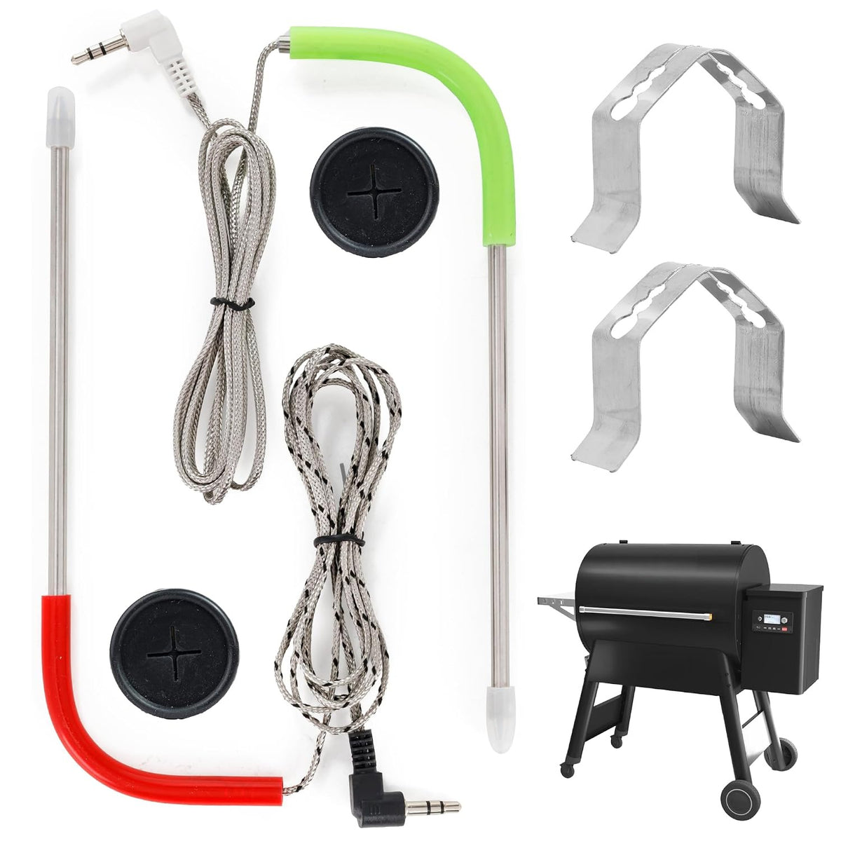 2-Pack Meat Probe for Traeger Pellet Grills and Smokers showing two probes, clips, grommets, cables, and grill