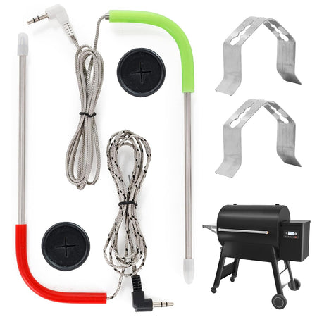 2-Pack Meat Probe for Traeger Pellet Grills and Smokers showing two probes, clips, grommets, cables, and grill