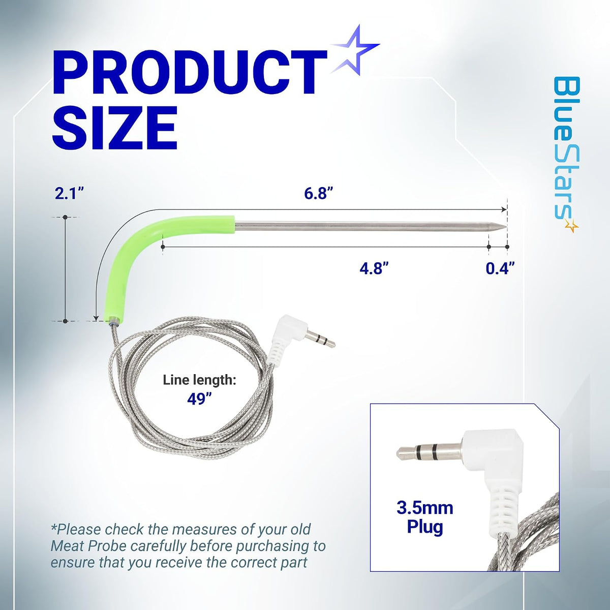 2-Pack Meat Probe for Traeger Pellet Grills and Smokers, product size diagram with dimensions and 3.5mm plug