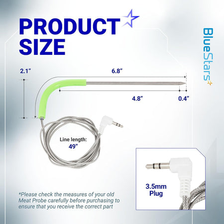 2-Pack Meat Probe for Traeger Pellet Grills and Smokers, product size diagram with dimensions and 3.5mm plug