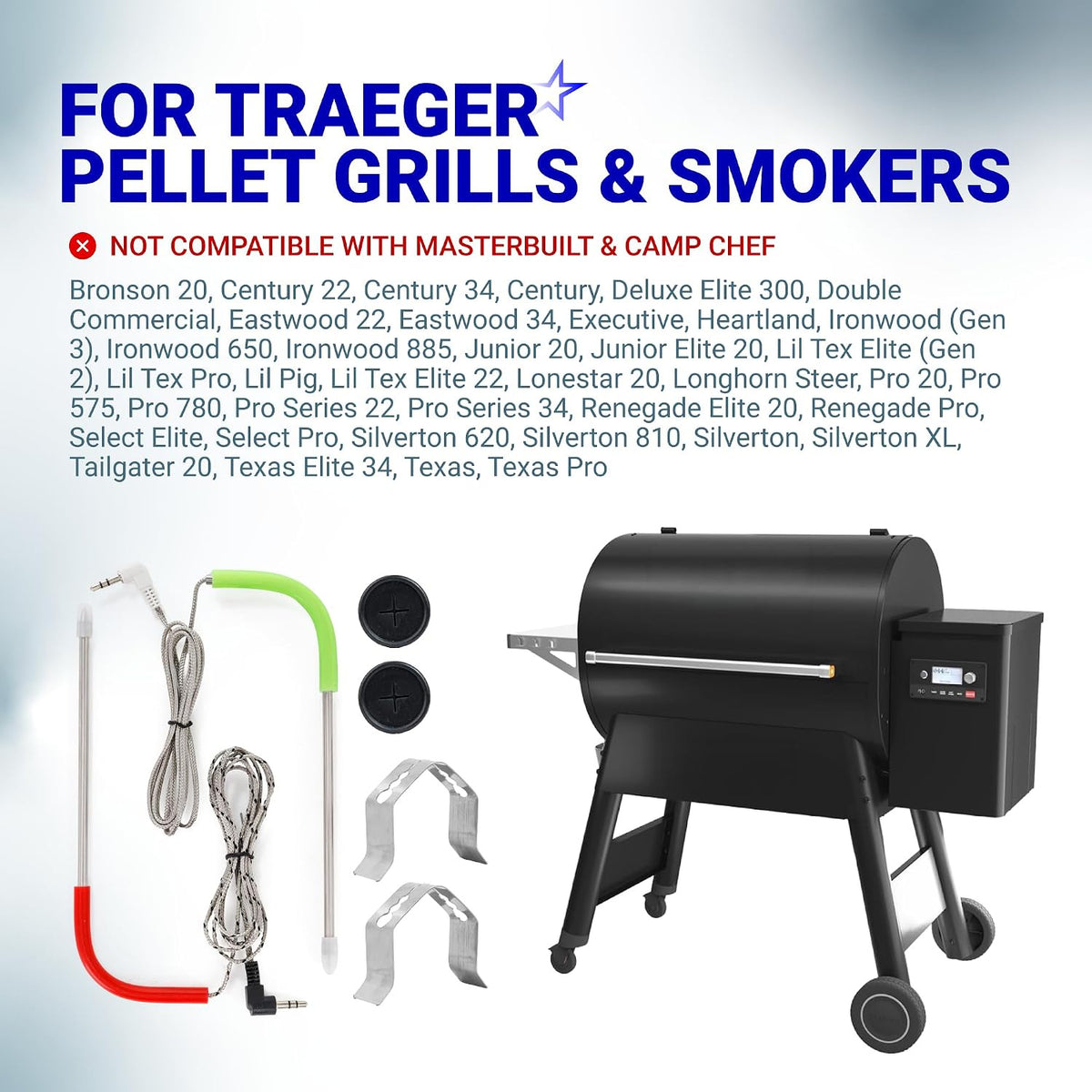 2-Pack Meat Probe for Traeger Pellet Grills and Smokers, probes, clips, and grommets beside a grill