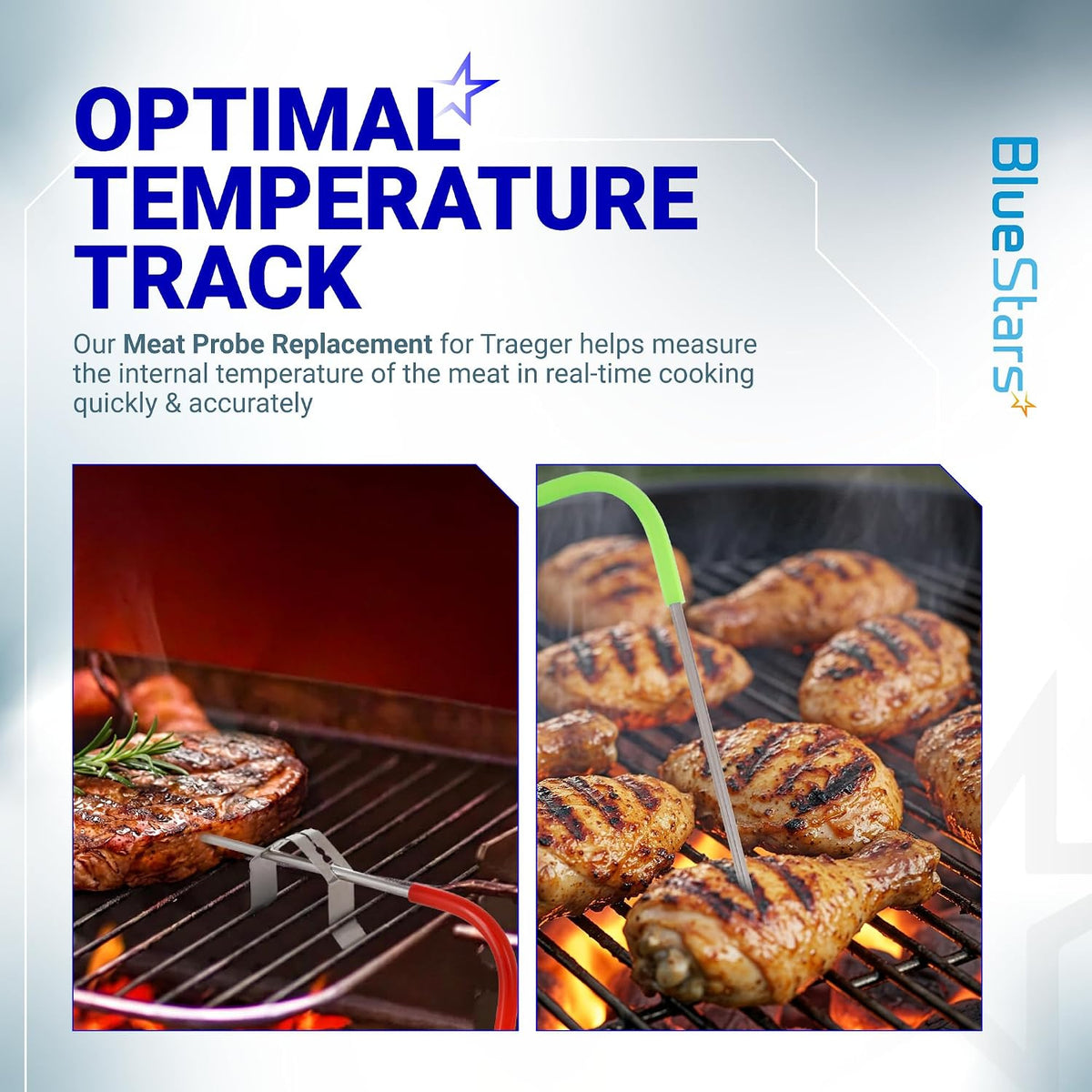 2-Pack Meat Probe for Traeger Pellet Grills and Smokers shown monitoring grilled meat in two cooking scenes