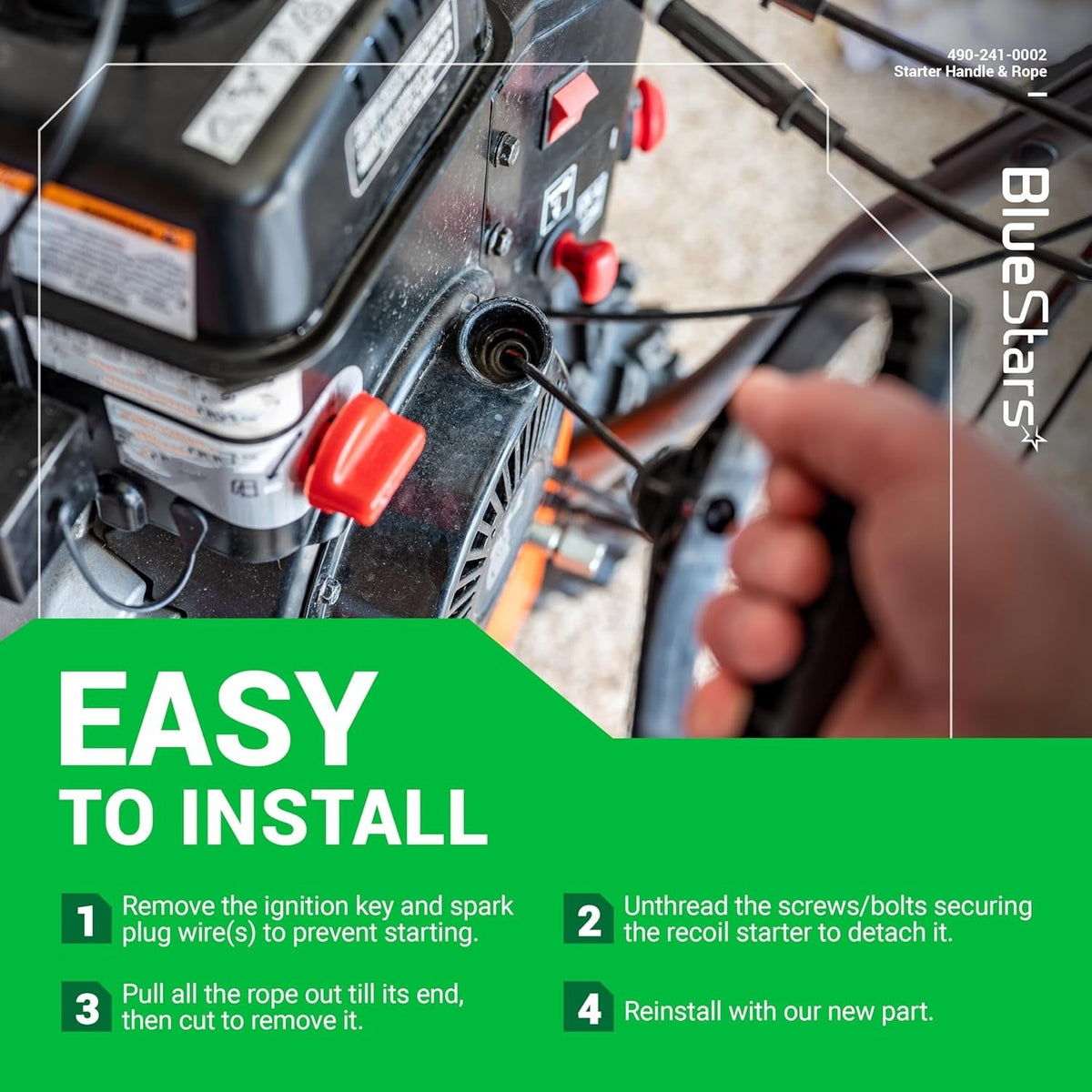 Hand pulling the 490-241-0002 snowblower starter handle and rope during installation.