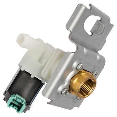 W10158389 dishwasher water inlet valve with mounting bracket and brass threaded fitting.