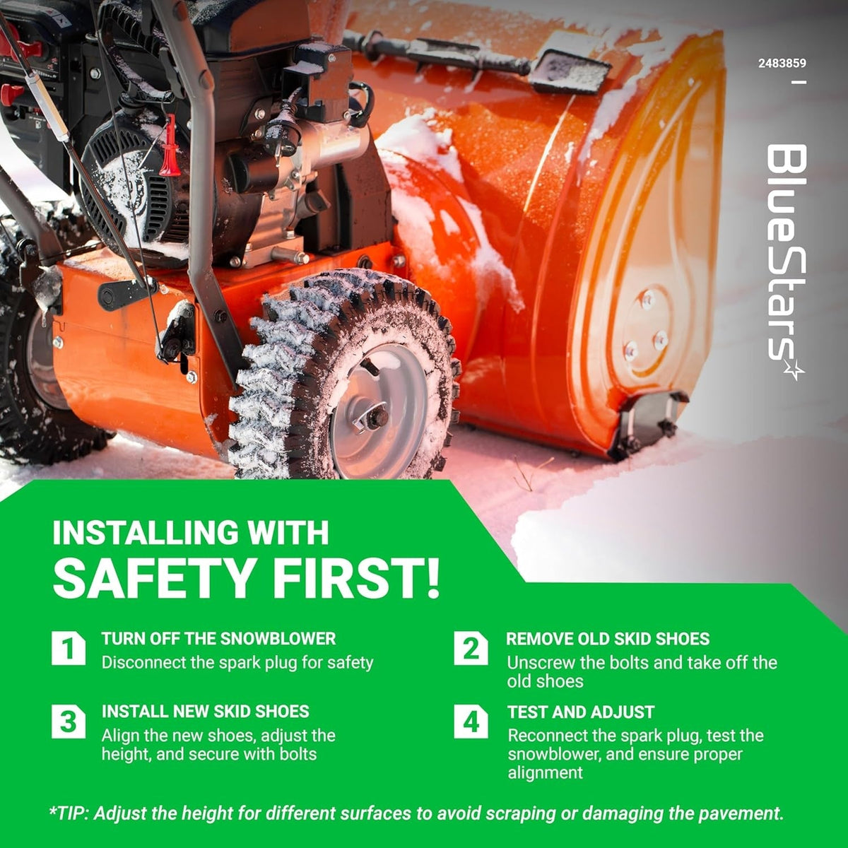 Instructional graphic for installing 02483859 snow blower double roller skid shoes with a four-step safety guide.