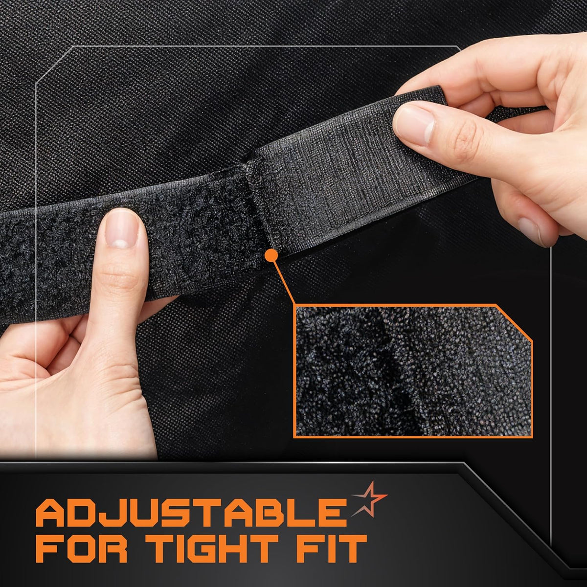 Close-up of adjustable velcro strap on 600D outdoor gas grill cover for a secure, tight fit.