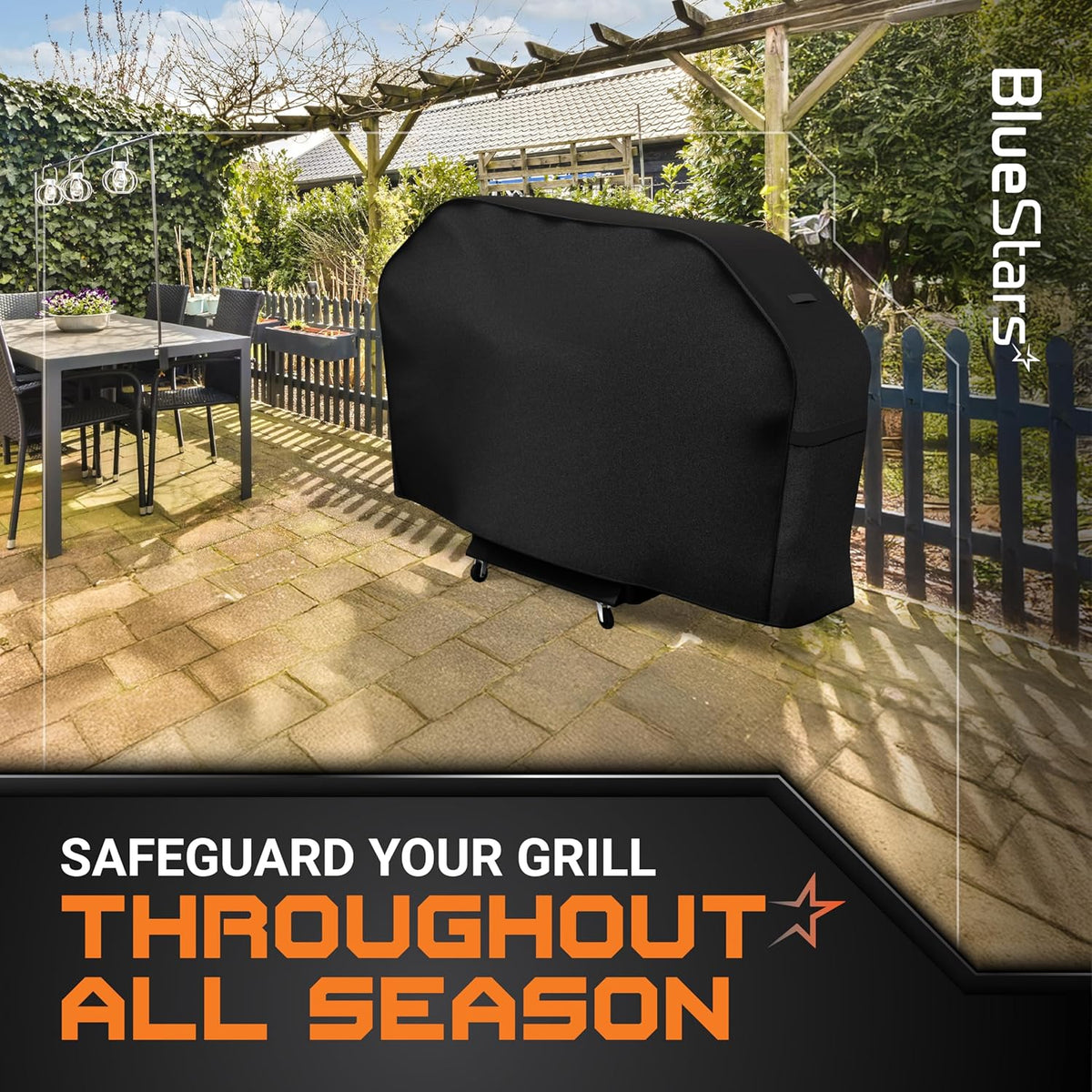 Black 55-inch 600D outdoor gas grill cover installed on a patio, protecting a grill from all-season weather.