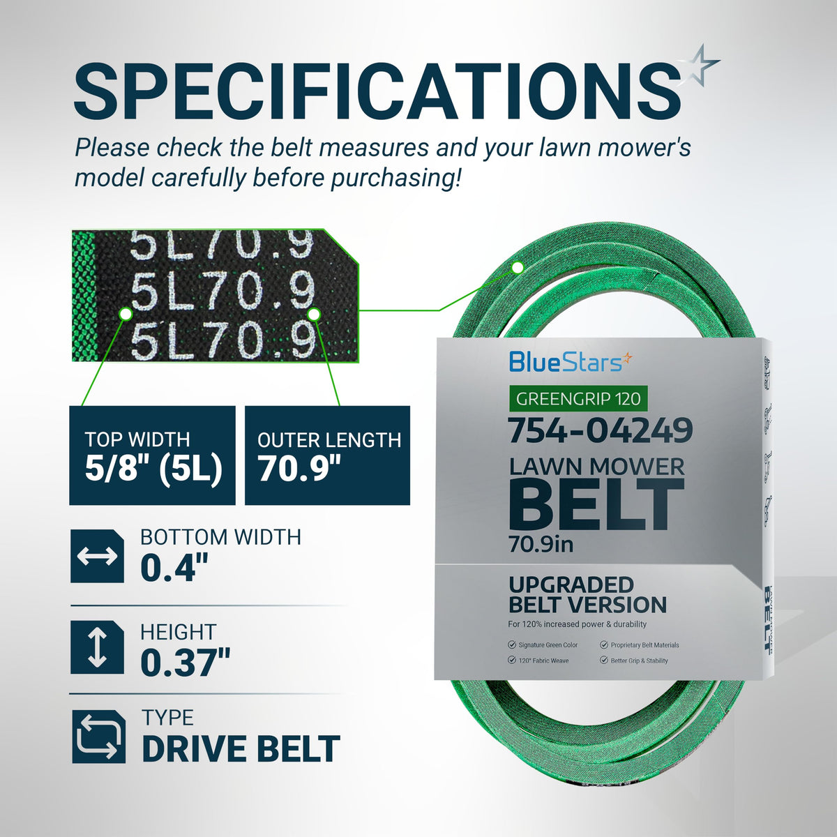 Specification chart for 954-04249A lower drive belt showing dimensions, 5L width, and 70.9-inch outer length.