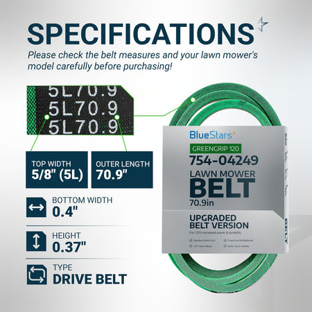 Specification chart for 954-04249A lower drive belt showing dimensions, 5L width, and 70.9-inch outer length.