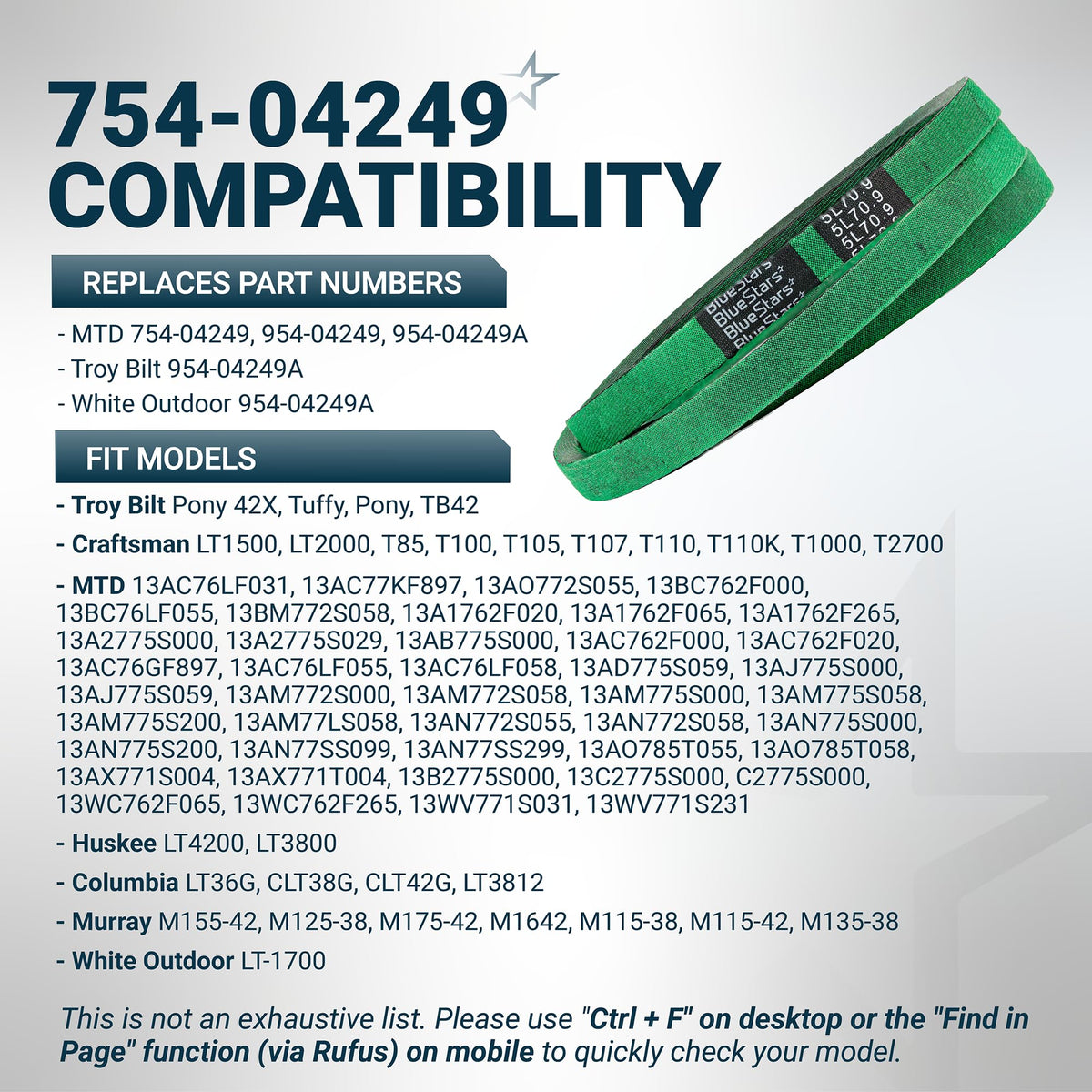 Green 754-04249A lower drive belt for MTD, Troy Bilt, and Craftsman mowers with compatibility chart.