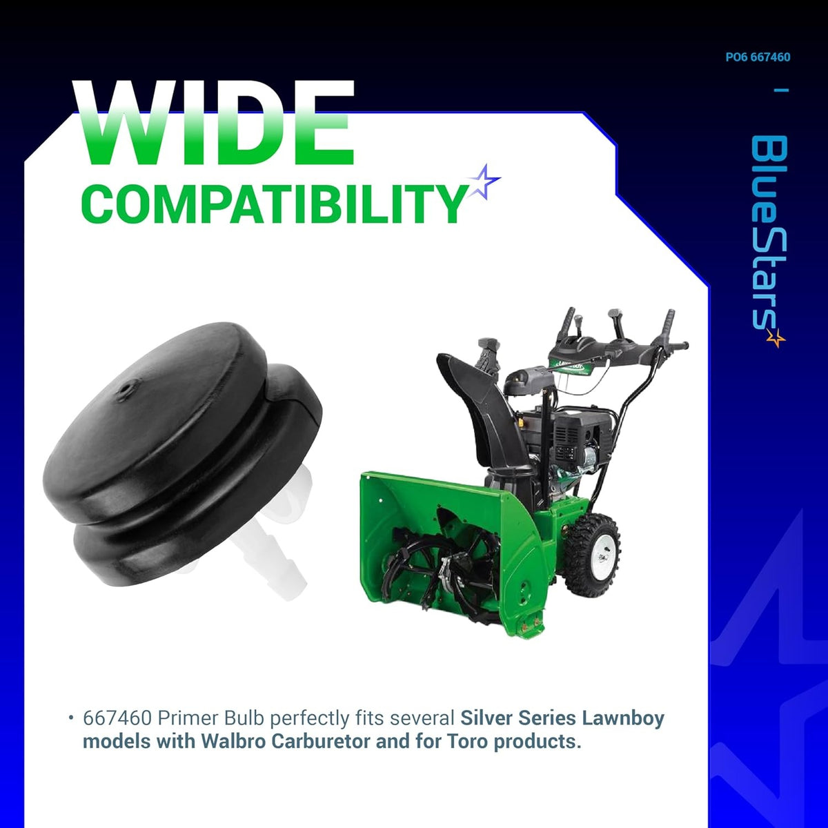 66-7460 primer bulb replacement part shown with compatible snow blower and compatibility text.
