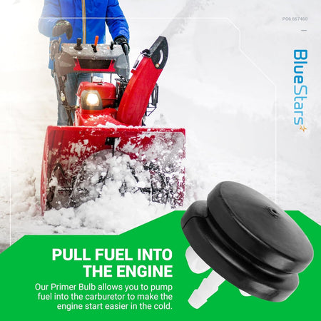 66-7460 primer bulb for snowblower engines shown with a person operating a snowblower in the background.