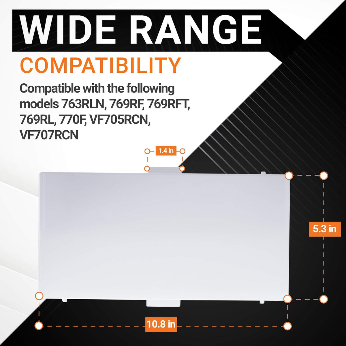 Bathroom vent fan light lens cover with dimensions 10.8 x 5.3 inches and compatibility model list.