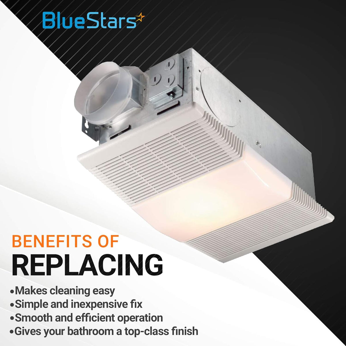 Bathroom vent fan with light and white lens cover installed in housing unit
