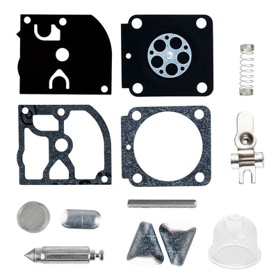 RB-100 carburetor rebuild kit components including gaskets, diaphragms, primer bulb, and metal hardware for Zama carburetors.