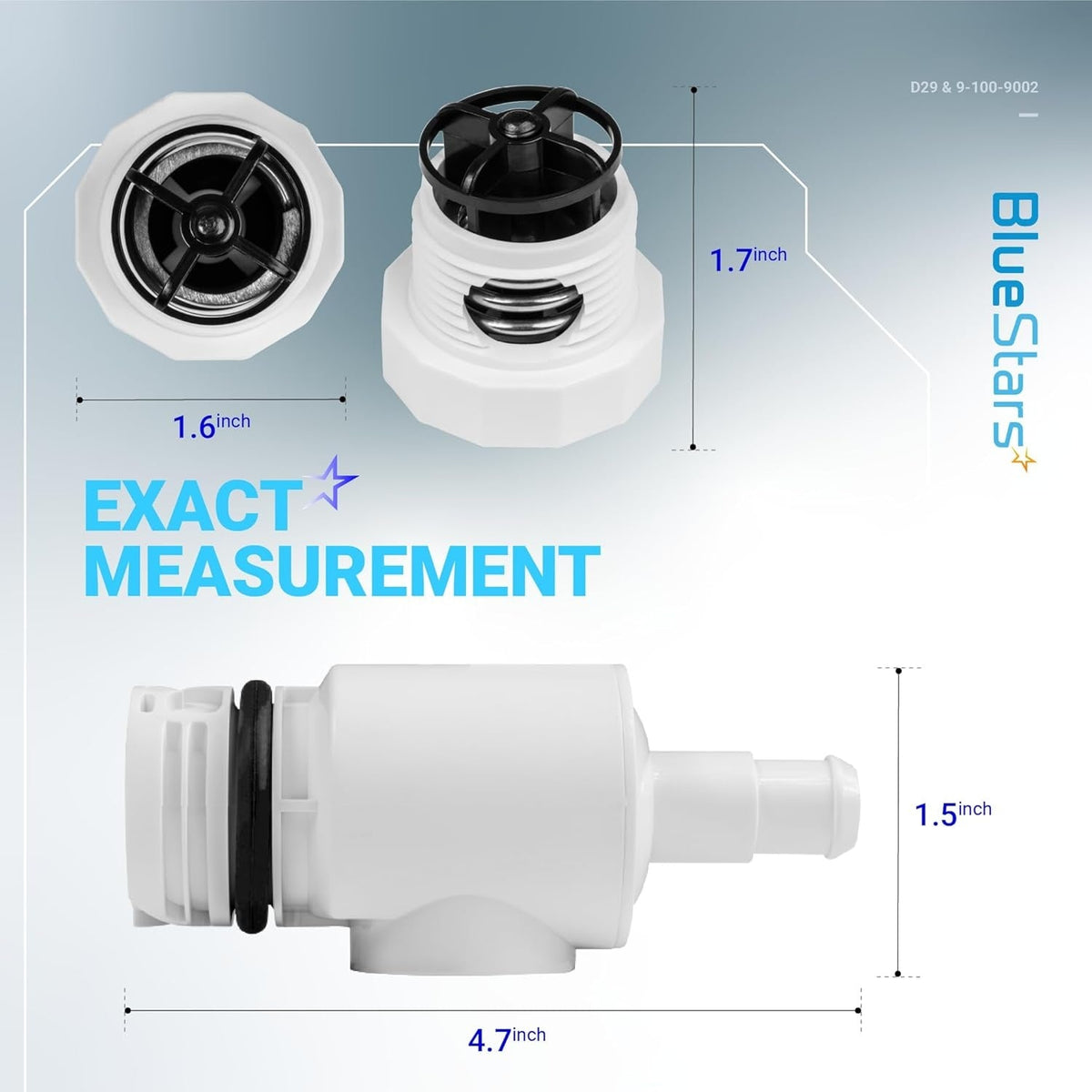 D29 quick disconnect and 9-100-9002 pressure relief valve replacement parts with dimensions for Polaris pool cleaners.