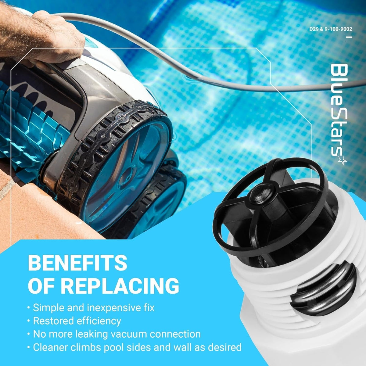 Close-up of D29 UWF Quick Disconnect valve for Polaris 180, 280, and 380 automatic pool cleaners.