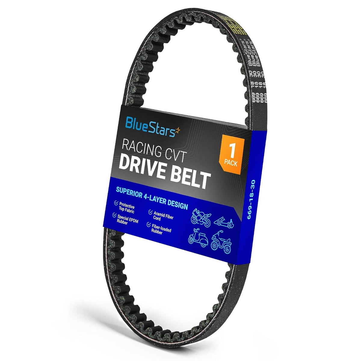BlueStars 669-18-30 racing CVT drive belt in retail packaging.