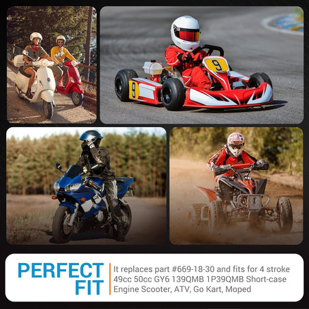 Collage of scooter, go-kart, motorcycle, and ATV showing compatibility for 743-20-30 racing CVT drive belt.
