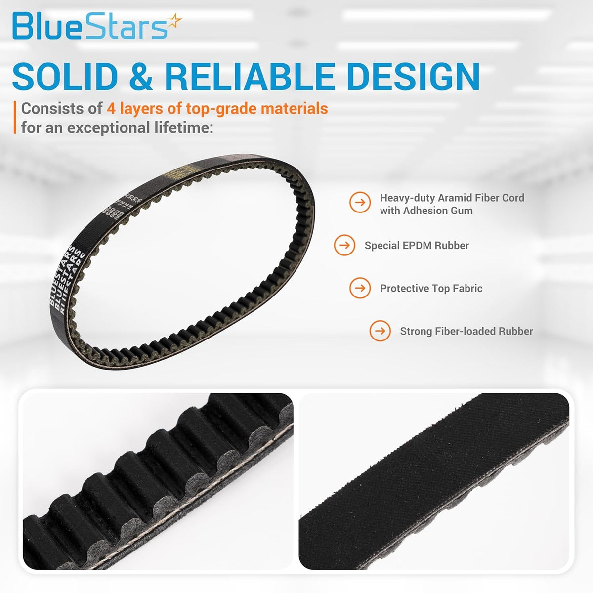 Infographic showing 743-20-30 racing CVT drive belt construction with four material layers and close-up details.