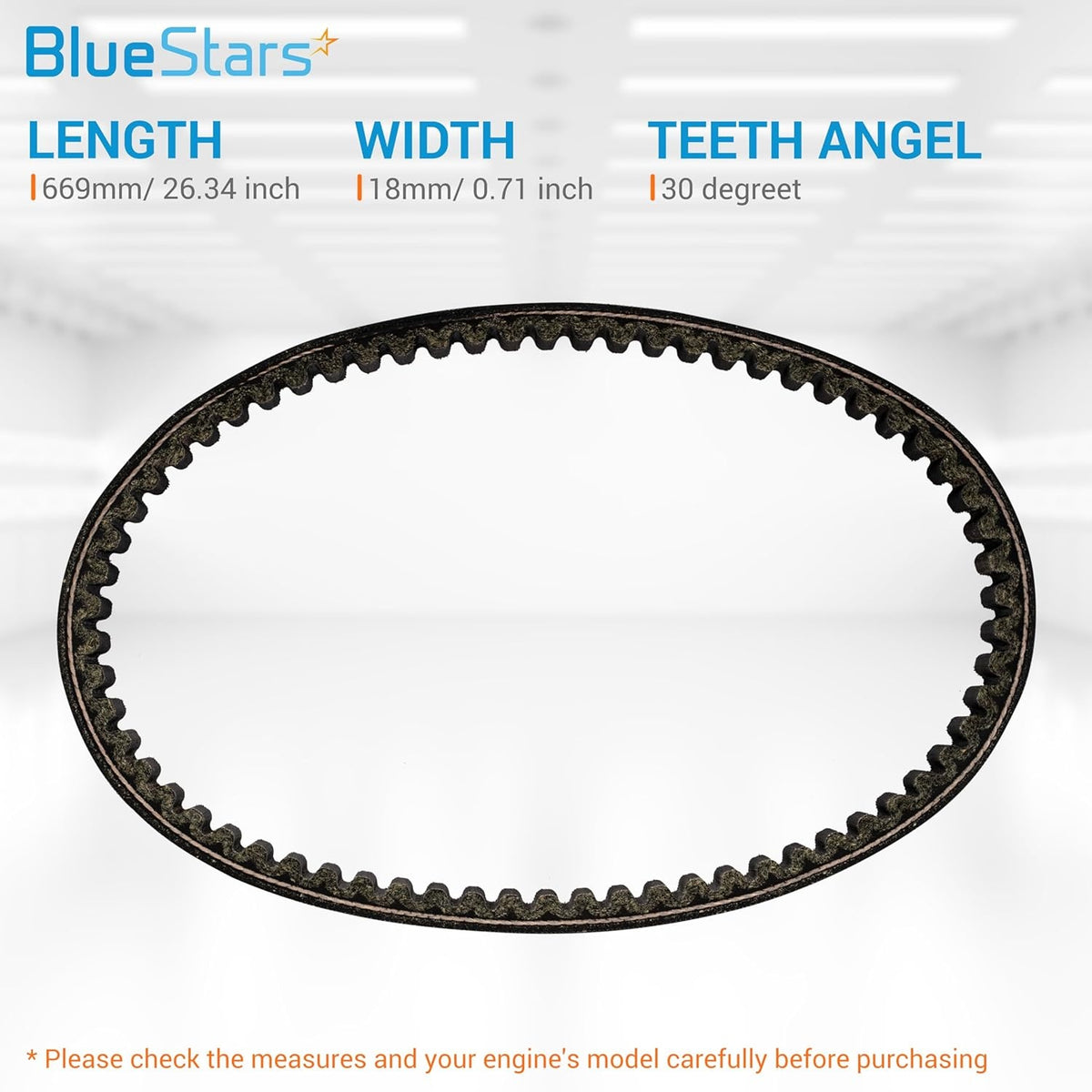743-20-30 racing CVT drive belt showing dimensions for length, width, and teeth angle.