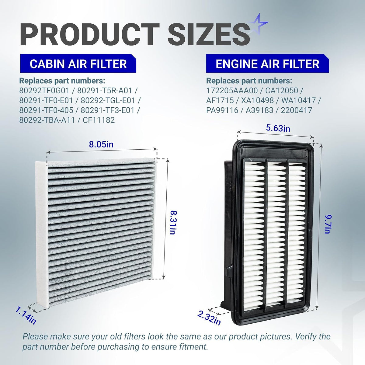 80292TFG01 / 17220-5AAA00 Engine & Cabin Air Filter Combo, product sizes diagram with labeled dimensions