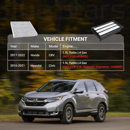 Engine & Cabin Air Filter Combo, vehicle fitment chart for 2017–2022 Honda CR-V 1.5L Turbo L4 Gas, with two filters