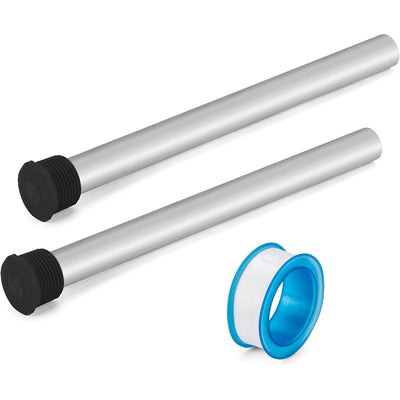 Two 9.25" magnesium anode rods with 3/4" NPT threads and a roll of plumber's tape for RV water heaters.