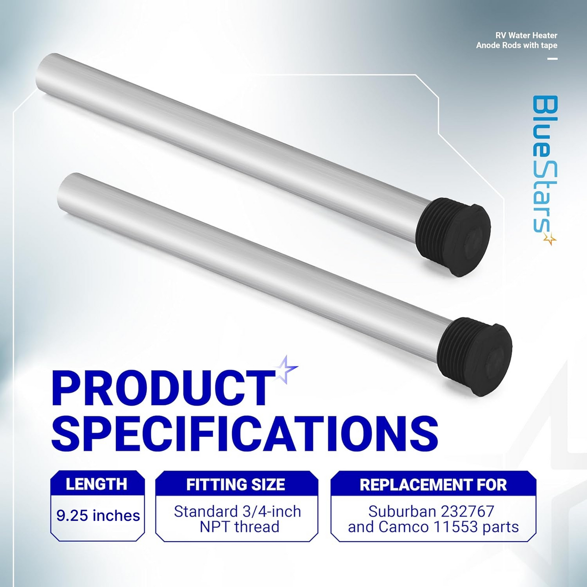 Two 9.25-inch magnesium anode rods with 3/4-inch NPT threads for Suburban and Atwood RV water heaters.