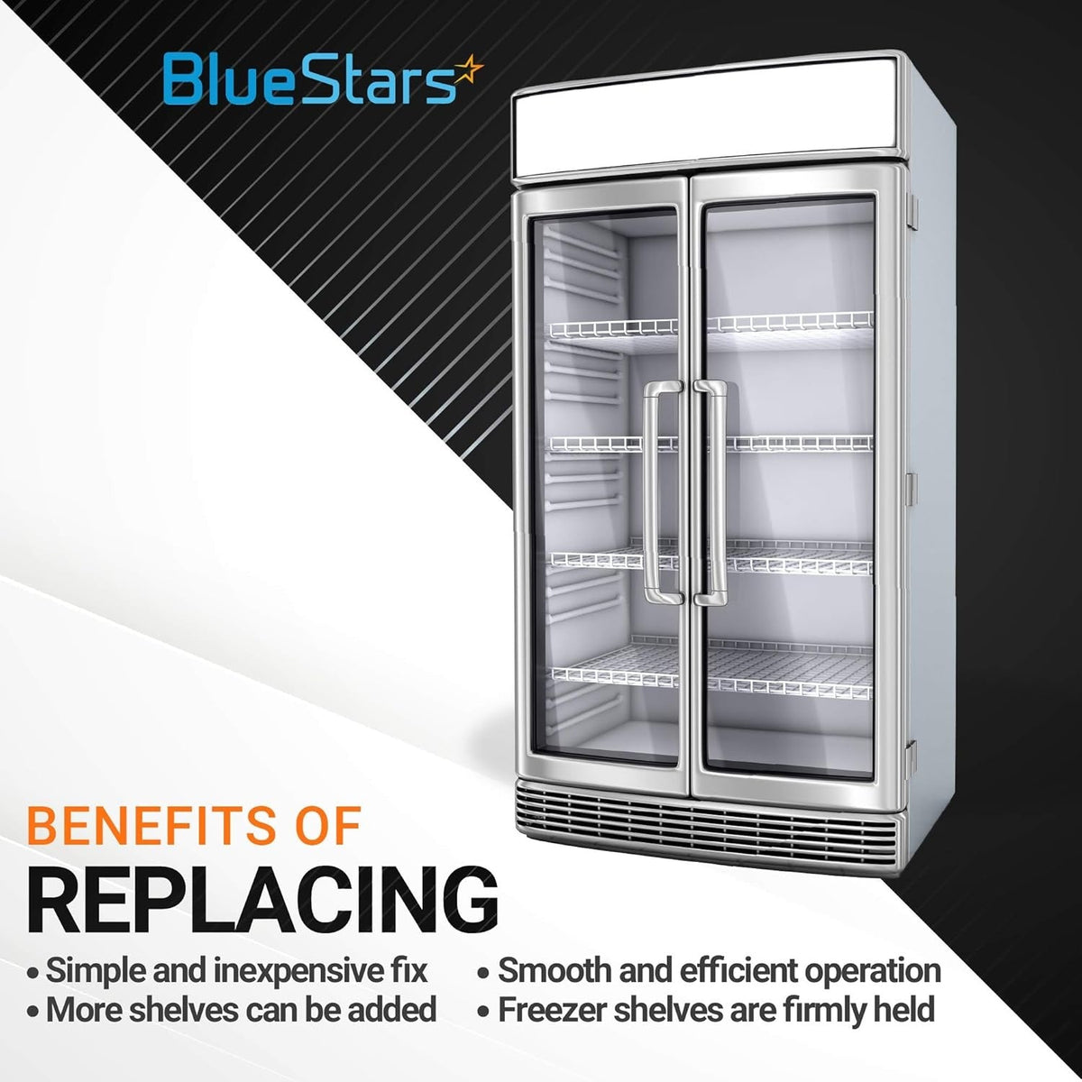 Commercial refrigerator with glass doors illustrating the benefits of using 920158 shelf support clips.