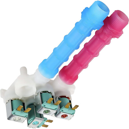 134637810 water inlet valve for washing machines with blue and red plastic hose connectors and electrical terminals.