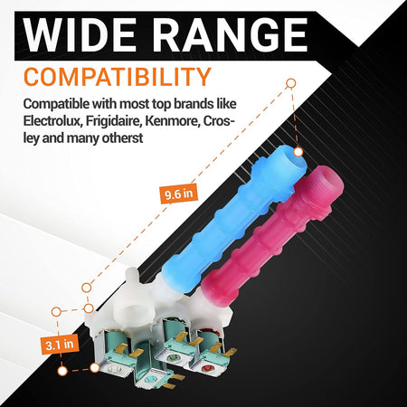 134637810 washing machine water inlet valve showing dimensions and compatibility for Frigidaire, Kenmore, and Electrolux.