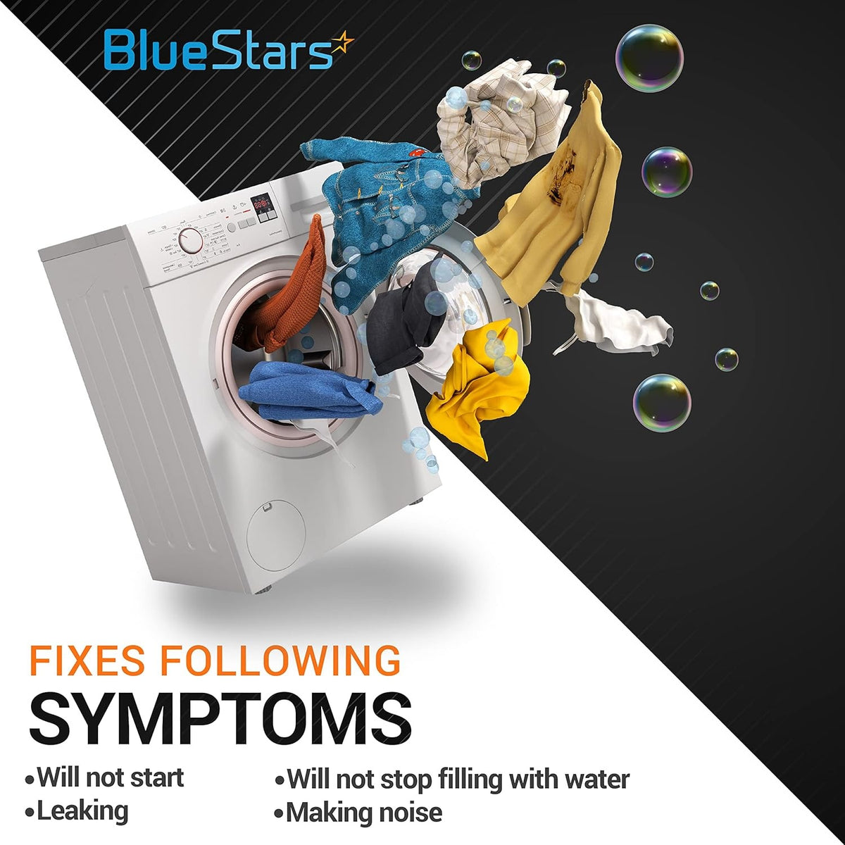 Graphic showing washing machine symptoms fixed by 134637810 water inlet valve for Frigidaire, Kenmore, and Electrolux.