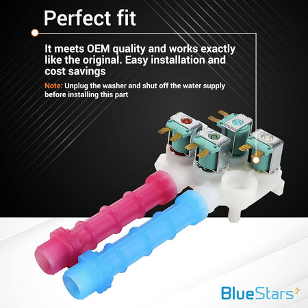 134637810 water inlet valve for Frigidaire and Kenmore washing machines with red and blue hose connectors.