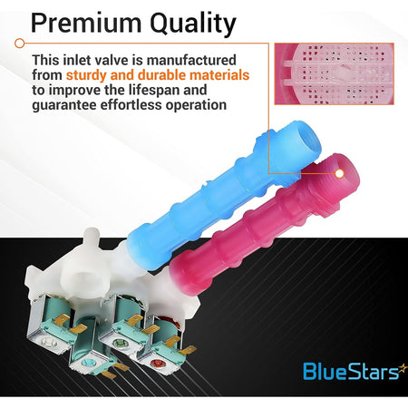 134637810 water inlet valve for washing machines with blue and red inlet ports and close-up of internal mesh filter.