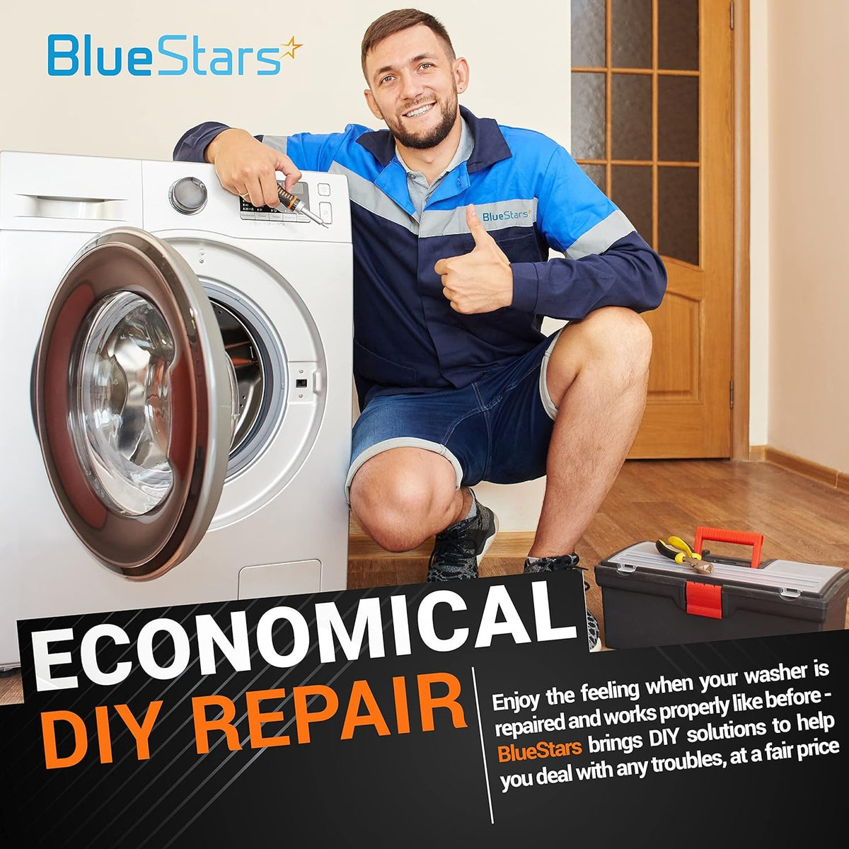 BlueStars technician repairing a washing machine for DIY water inlet valve replacement.