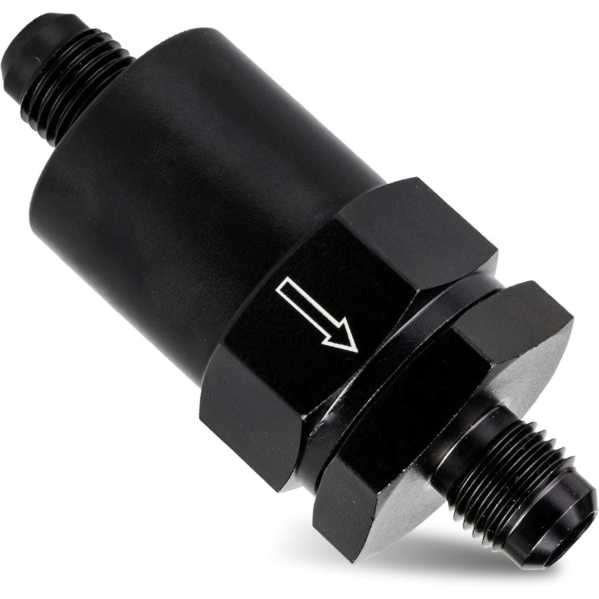 6AN Billet Inline Fuel Filter, 30-Micron Sintered Bronze Element shown in a plain product photo with flow arrow