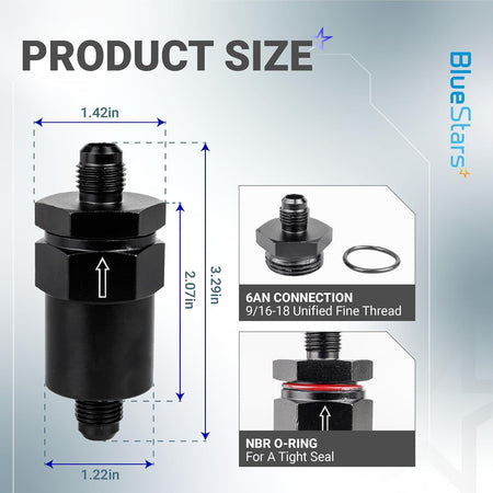 6AN Billet Inline Fuel Filter, 30-Micron Sintered Bronze Element dimensions diagram with 6AN connection and O-ring detail