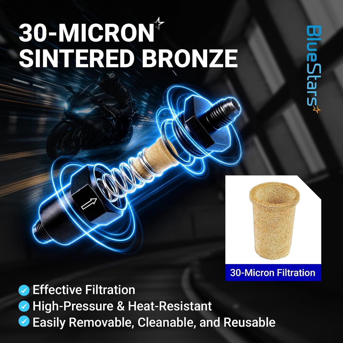 6AN Billet Inline Fuel Filter, 30-Micron Sintered Bronze Element shown in exploded view with filter element and spring