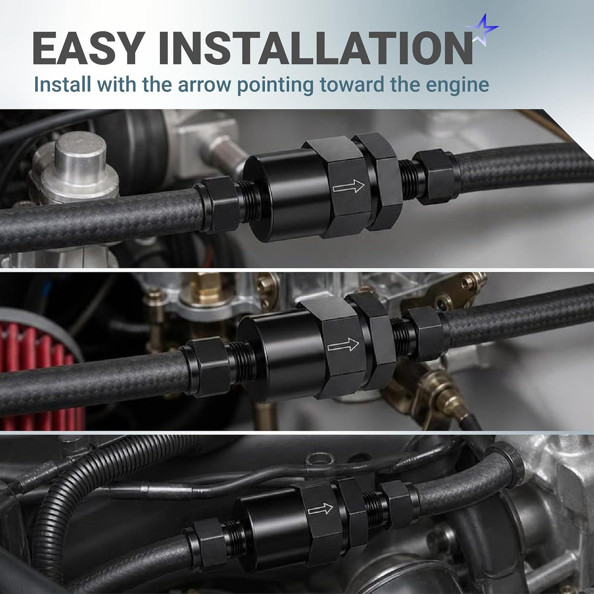 6AN Billet Inline Fuel Filter, 30-Micron Sintered Bronze Element shown installed on fuel hoses with arrow toward engine