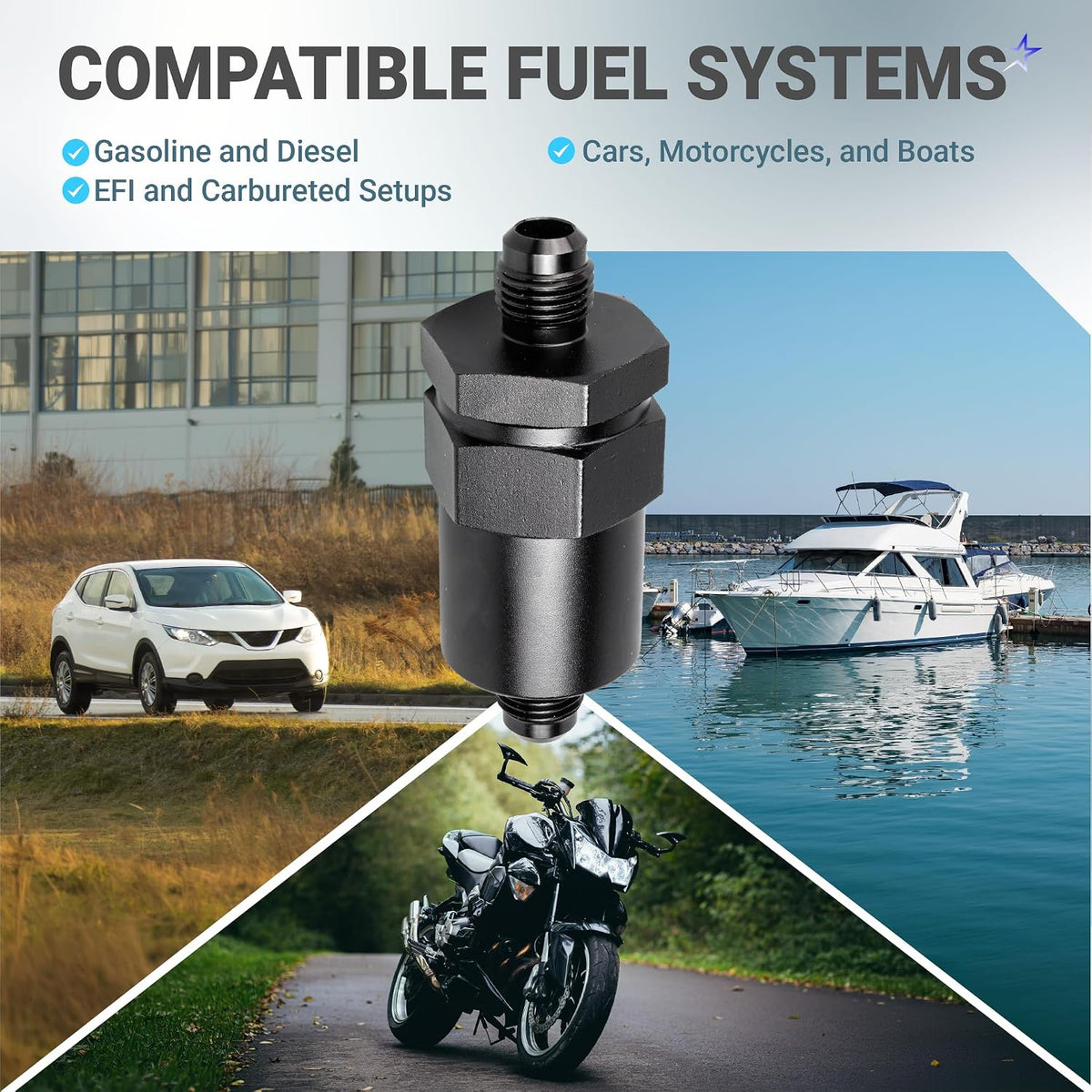6AN Billet Inline Fuel Filter, 30-Micron Sintered Bronze Element shown with a car, motorcycle, boat, and fuel systems text