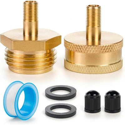 RV Winterizing Blow Out Adapter, 3/4 GHT Brass Schrader Valve, two brass adapters with seals and valve caps