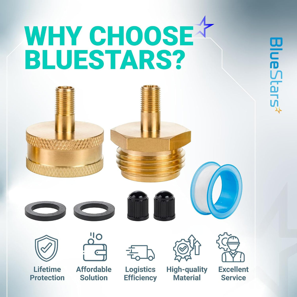 RV Winterizing Blow Out Adapter, 3/4 GHT Brass Schrader Valve showing two brass fittings, washers, caps and seals