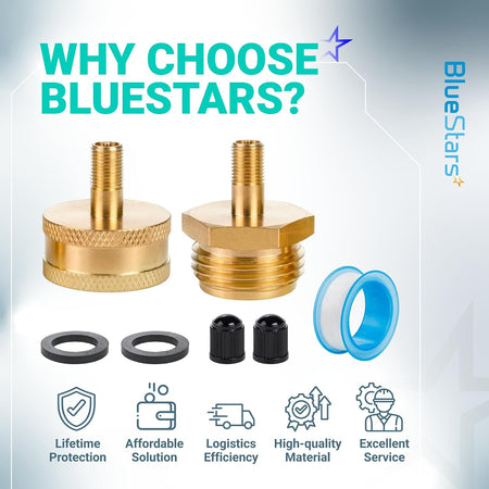 RV Winterizing Blow Out Adapter, 3/4 GHT Brass Schrader Valve showing two brass fittings, washers, caps and seals