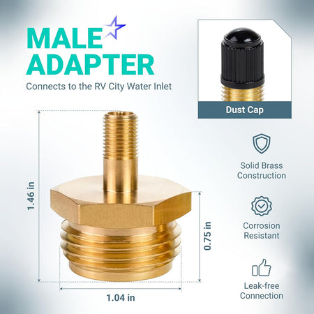 RV Winterizing Blow Out Adapter, male brass adapter with dust cap, 1.46 in height and 1.04 in width diagram